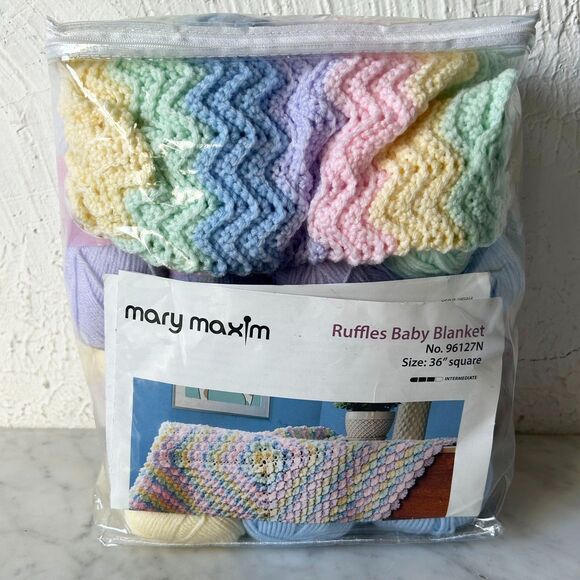 Mary Maxim Ruffles Baby Blanket Kit-Baby's Best Yarn+Pattern 40" Square-Started - Picture 1 of 6
